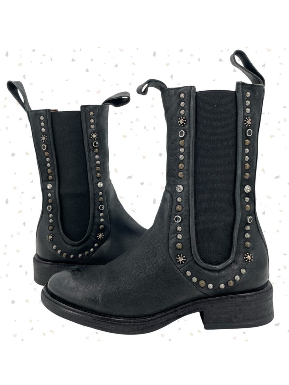 A.S.98 Studded Black Leather Boots Tall Chelsea Boho Embellished Biker Size 37